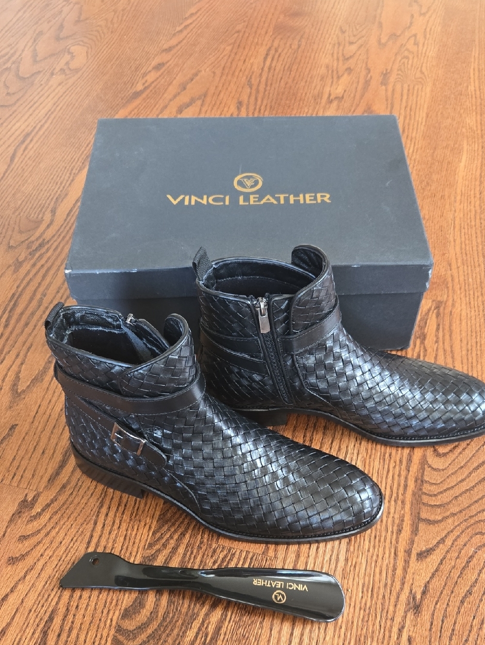 Vinci Men's Black Woven Leather Ankle Boots